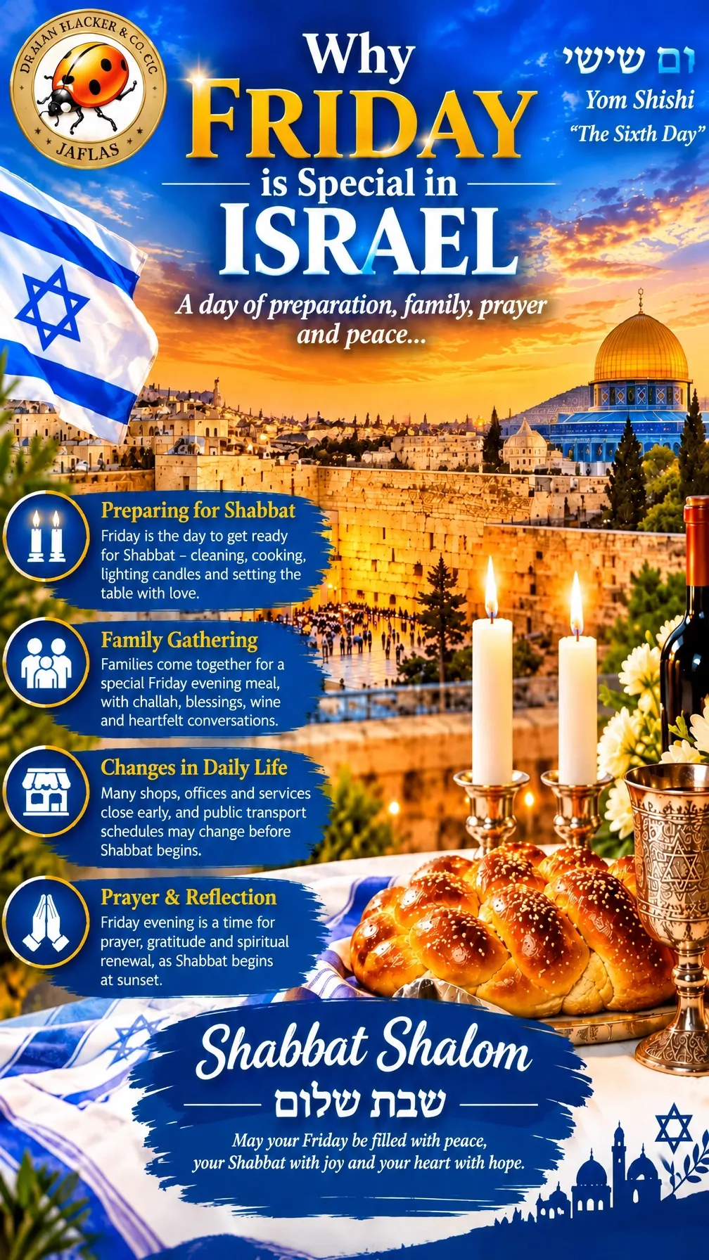 Why Friday is special in Israel: an illustrated Shabbat guide with Hebrew, Jerusalem at sunset, candles, family and the JAFLAS gold seal