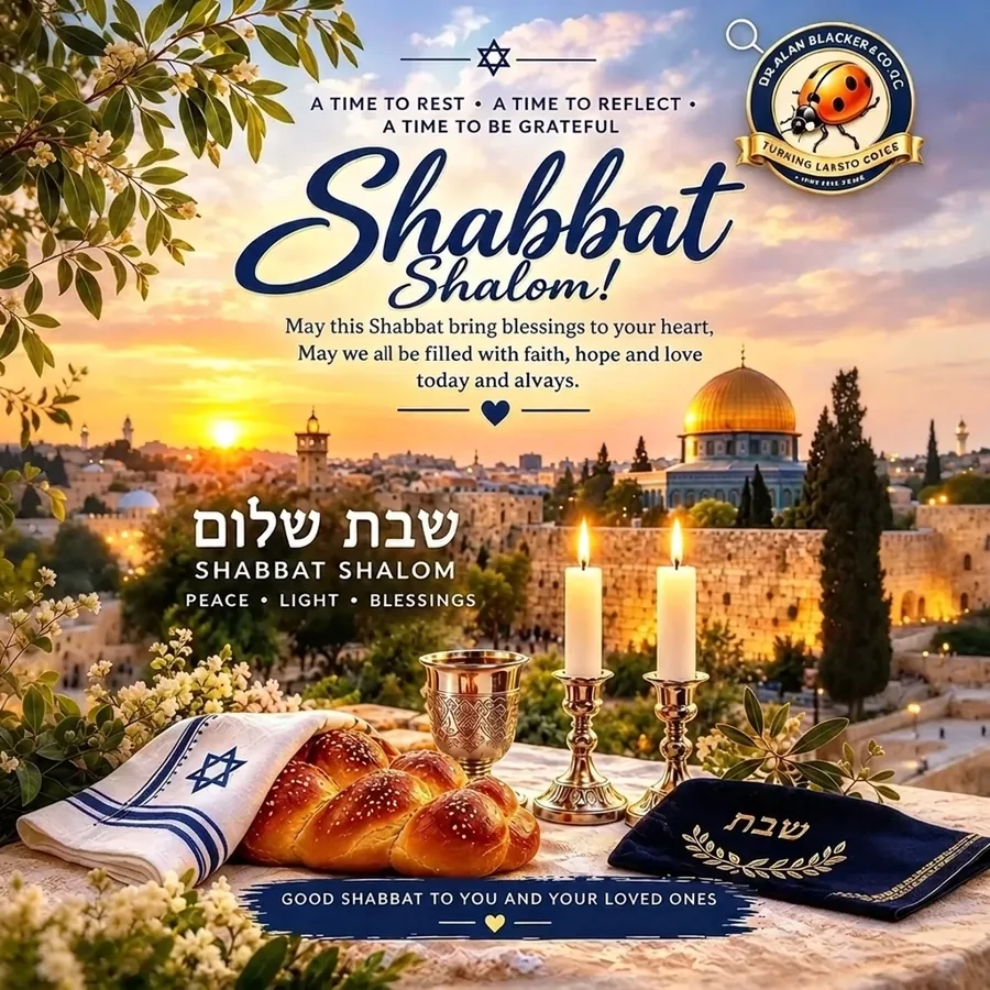 Shabbat Shalom greeting with Hebrew, candles, Jerusalem at sunset, challah and the JAFLAS gold seal